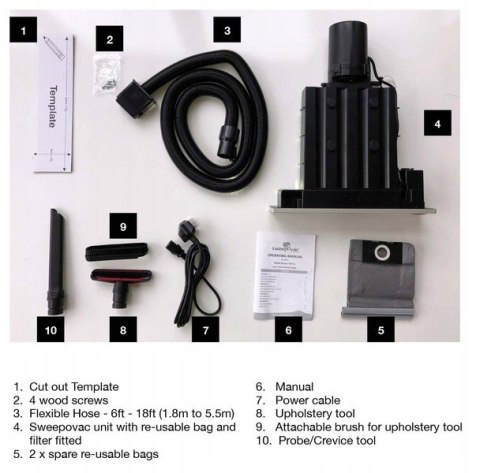 Odkurzacz do zabudowy SWEEPOVAC 650 W, wąż rozciągliwy 2-6 m